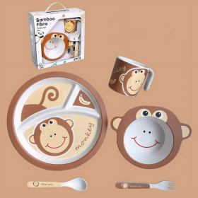 Uervoton 5 Pcs Mealtime Feeding Set for Kids and Toddlers-Monkey - Includes Plate, Bowl, Cup, Fork and Spoon Utensil Flatware - Durable, Dishwasher Sa