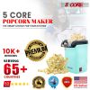 5 Core Hot Air Popcorn Popper Machine 1200W Electric Popcorn Kernel Corn Maker Bpa Free, 95% Popping Rate, 2 Minutes Fast, No Oil-Healthy Snack for Ki